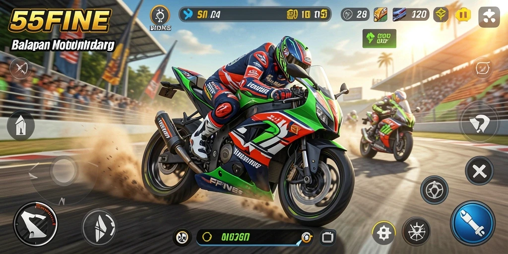 Screenshot gameplay 55FIVE menampilkan balapan motor seru dan penuh aksi.