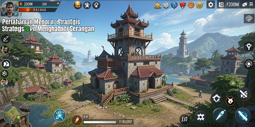Screenshot gameplay F200M menunjukkan pertempuran menara yang intens.
