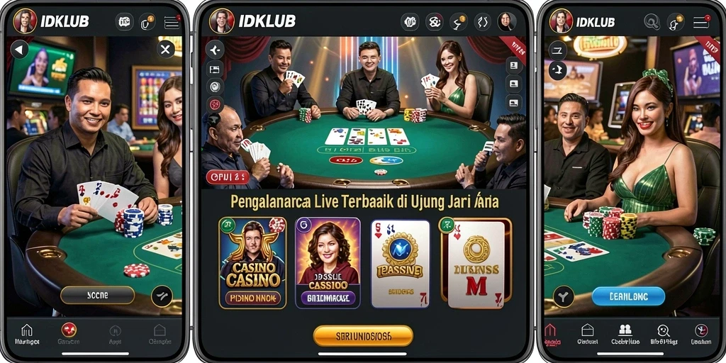 Screenshot IDKLUB menampilkan dealer langsung dan suasana permainan Live Casino.
