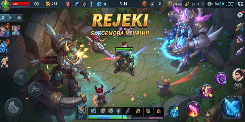 Screenshot gameplay REJEKI, menampilkan aksi seru di medan tempur MOBA.