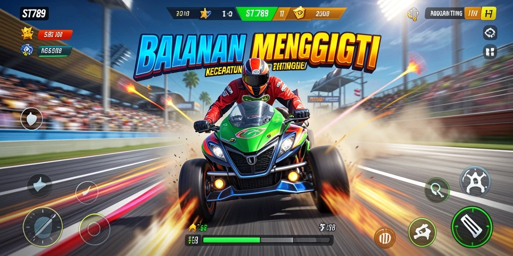 Tampilan seru gameplay ST789 dengan mobil balap yang melaju kencang.