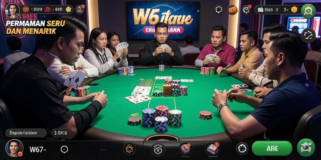 Tampilan screenshot W67 menunjukkan gameplay Poker yang mendebarkan.